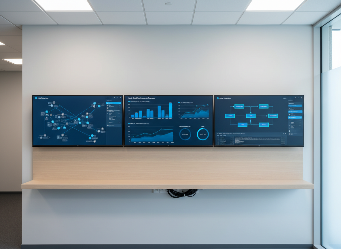 A tidy operations dashboard for a multi-cloud environment glows on three aligned, frameless monitors mounted above a narrow, light-wood shelf. Each screen displays different cloud metrics, topology maps, and automated deployment pipelines in a consistent, restrained colour palette of cool blues and charcoal greys. The room is lit by soft overhead LED panels and diffused daylight from frosted glass on the right, creating balanced, shadow-free illumination. Cables are carefully routed and hidden, reinforcing the sense of order. Photographed straight-on with symmetrical composition and sharp focus throughout, the scene feels structured, reliable, and professional, embodying disciplined cloud governance and monitoring.