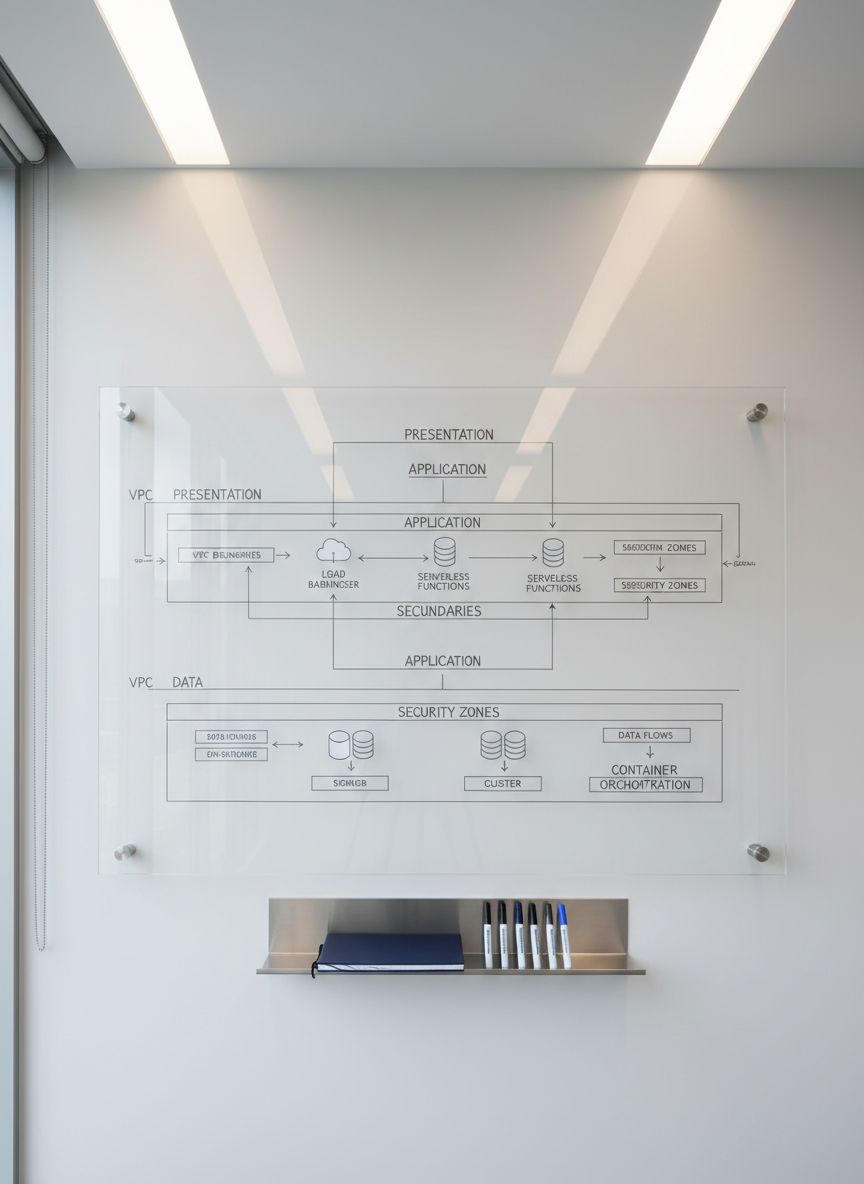 A large, transparent acrylic board mounted on a pale grey wall displays a meticulously drawn cloud architecture diagram in fine, dark-grey lines: layered services, VPC boundaries, security zones, and data flows, all labelled with clean typography. Magnetic icons shaped like clouds, databases, and containers add subtle depth. A slim metal shelf beneath holds a single closed navy-blue notebook and a set of neatly aligned fine-tip markers. Indirect ceiling lighting and soft daylight from a nearby window create a bright, evenly lit scene with minimal shadows. Photographed straight-on, with precise, architectural composition and photographic realism, the atmosphere feels analytical, methodical, and solution-focused.