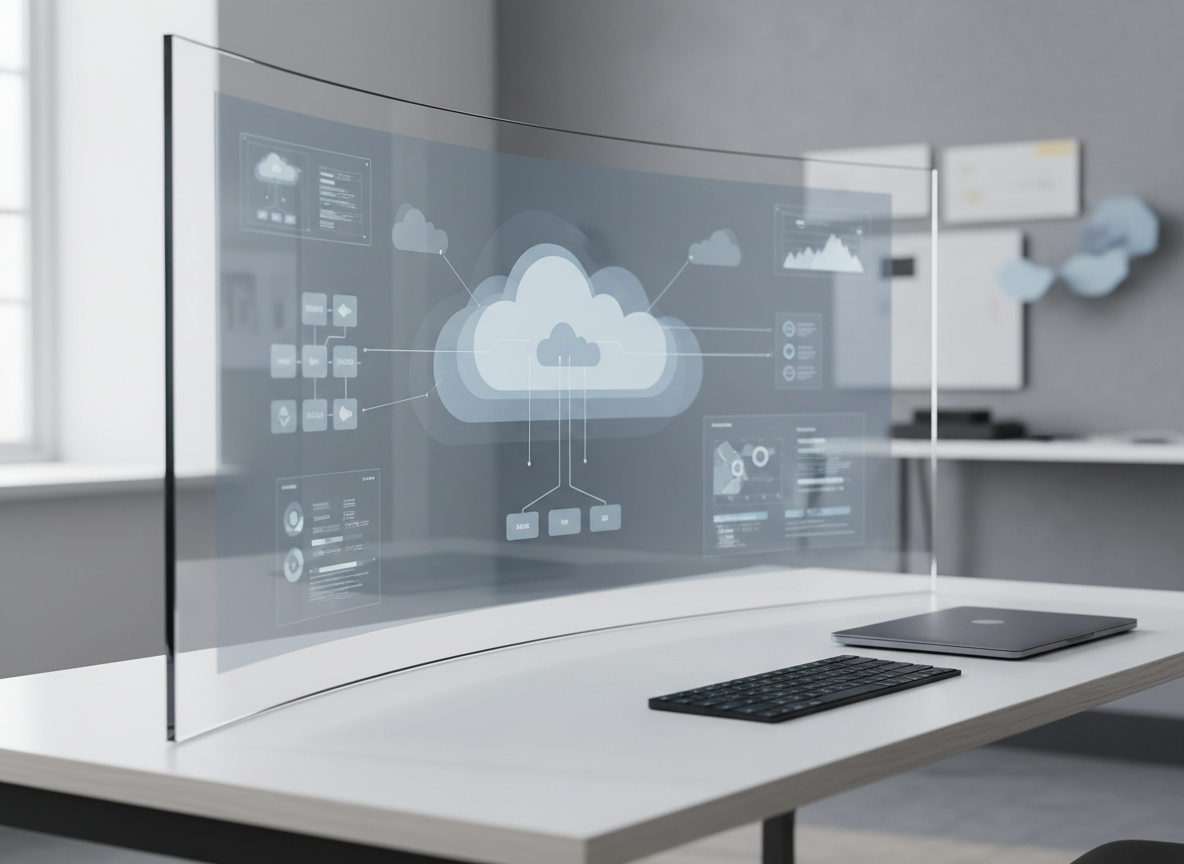 A sleek, glass-walled cloud data visualisation fills a large, ultra-wide monitor on a clean white desk, showing layered diagrams of cloud architecture, networks, and dashboards in muted blues and soft greys. The monitor stands on a pale wood surface beside a closed graphite-grey laptop and a minimal matte-black keyboard. Soft daylight from an unseen window to the left creates gentle reflections on the glass and subtle shadows along the desk edge. The background is out of focus, revealing only abstract hints of a modern office. Shot at eye level with a slight angle, sharp focus on the screen, in a photographic, clean, corporate style that feels calm, precise, and strategic.