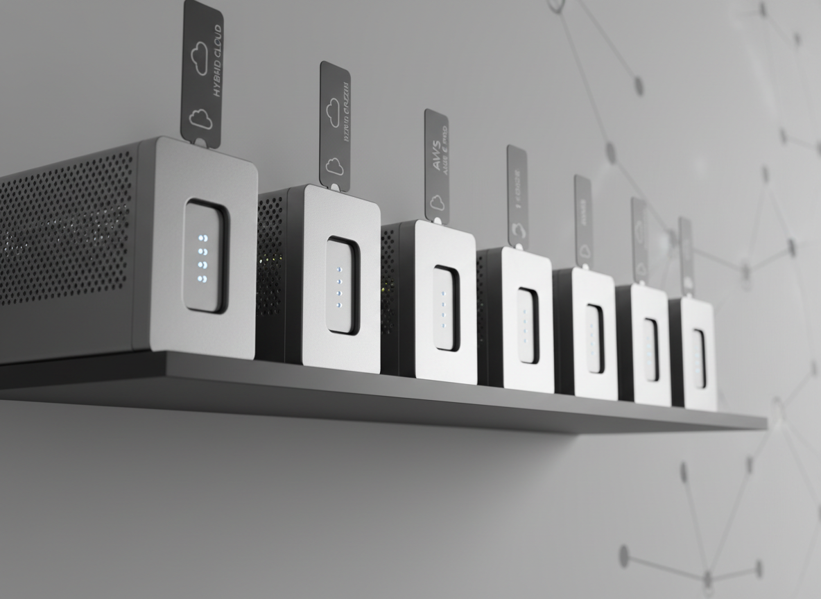 A cluster of compact, matte-silver mini servers and network devices sits neatly arranged on a narrow, graphite shelf, each unit adorned with small, cool-white status LEDs indicating healthy operation. Subtle cloud icons and environment labels are printed on slim tags, suggesting hybrid and multi-cloud connectivity. The backdrop is a smooth, light grey wall with a faint abstract pattern reminiscent of interconnected nodes. Soft side lighting from the left creates refined highlights on the metallic surfaces and gentle, controlled shadows. Captured from a slightly low angle with a moderate depth of field, the image conveys robust yet elegant infrastructure, in a photographic, minimalist, corporate aesthetic.